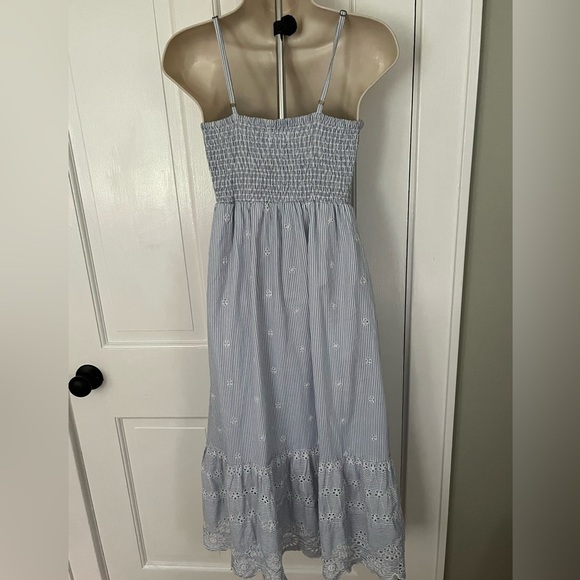Japna 100% Cotton Blue White Pinstriped Eyelet Ruffle Maxi Dress S Cottagecore - Picture 6 of 13